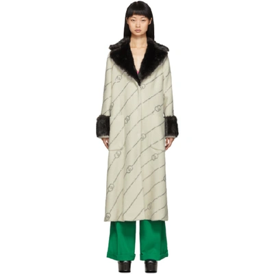 Shop Gucci Off-white Faux-fur Collar Crystal Gg Coat In 9705 Ivory