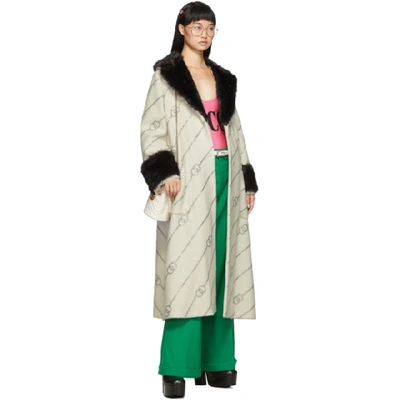 Shop Gucci Off-white Faux-fur Collar Crystal Gg Coat In 9705 Ivory