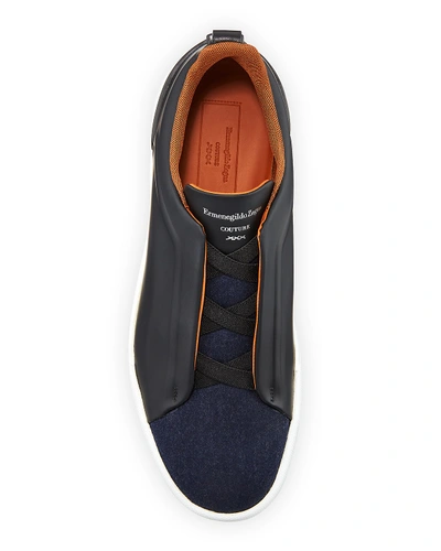 Shop Ermenegildo Zegna Men's Triple-stitch Leather & Wool Sneakers In Blue