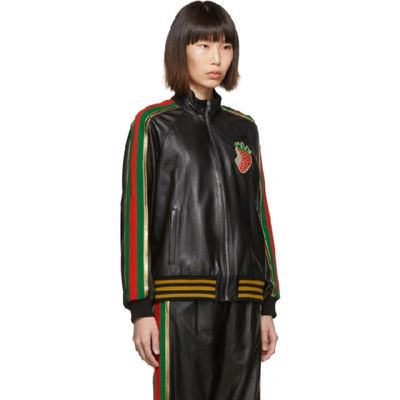 Shop Gucci Black Leather Strawberry Patch Track Jacket In 1082 Black