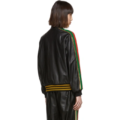 Shop Gucci Black Leather Strawberry Patch Track Jacket In 1082 Black