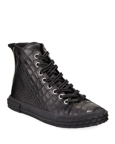 Shop Giuseppe Zanotti Men's Blabber Croc-embossed High-top Sneakers In Black