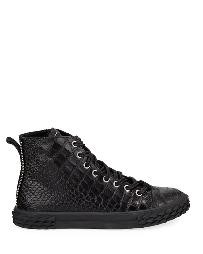 Shop Giuseppe Zanotti Men's Blabber Croc-embossed High-top Sneakers In Black