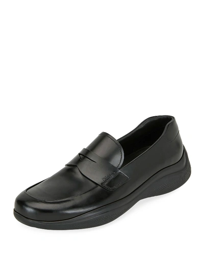 Prada Men's Spazzolato Leather Penny Loafers In Black | ModeSens