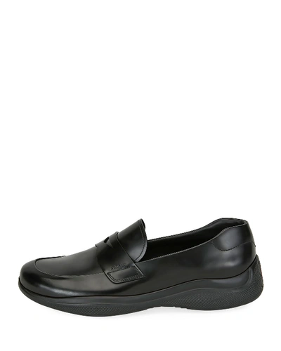 Shop Prada Men's Spazzolato Leather Penny Loafers In Black