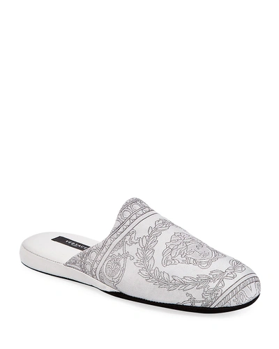 Shop Versace Men's I Heart Baroque Cotton Slippers In Gray Pattern