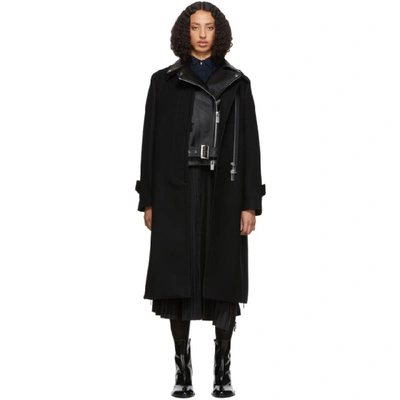 Shop Sacai Black Melton Wool And Leather Convertible Trench Coat In 001 Black