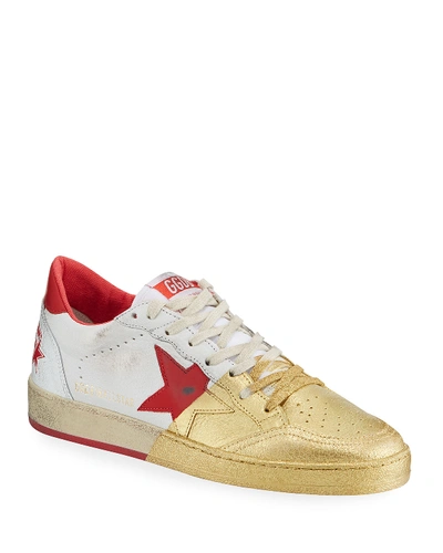 Shop Golden Goose Men's Ball Star Distressed Leather Sneakers With Metallic Paint In White