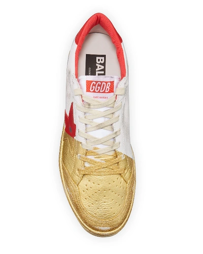 Shop Golden Goose Men's Ball Star Distressed Leather Sneakers With Metallic Paint In White