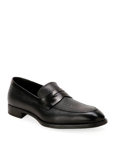 Shop Giorgio Armani Men's Textured Leather Penny Loafers In Black