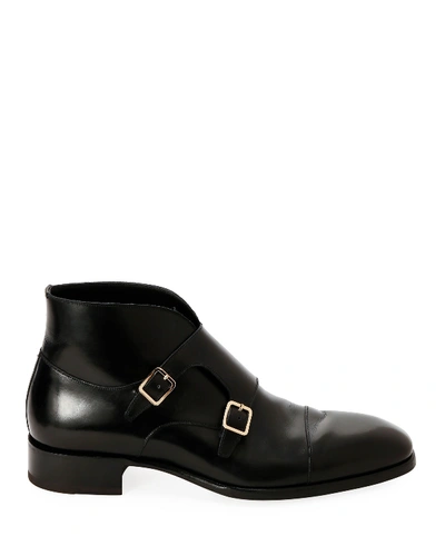 Shop Tom Ford Men's Double-monk Strap Leather Ankle Boots In Black