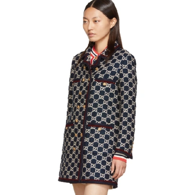 Shop Gucci Navy Tweed Gg Double-breasted Coat In 4447 Black