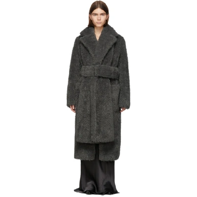 Shop Helmut Lang Grey Faux-fur Shaggy Belted Coat In Charcoal Me