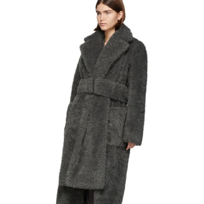 Shop Helmut Lang Grey Faux-fur Shaggy Belted Coat In Charcoal Me