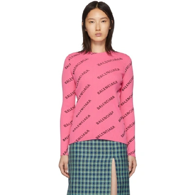 Shop Balenciaga Pink Ribbed Diagonal Logo Sweater In 6573 Lipsti