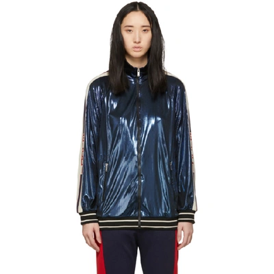 Shop Gucci Blue Lame Logo Track Jacket In 4343 Blue