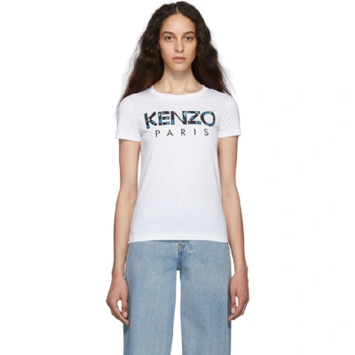 Shop Kenzo White Peonies Logo T-shirt In 01 White