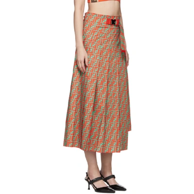 Shop Fendi Orange & Blue 'forever ' Cotton Pleated Skirt