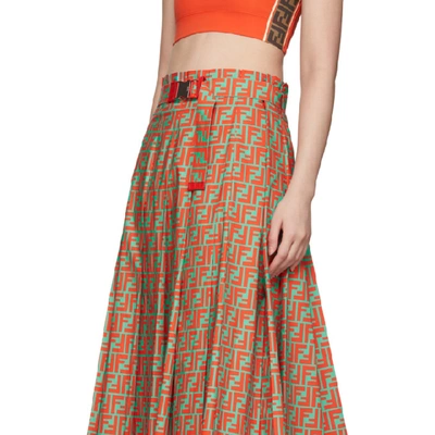 Shop Fendi Orange & Blue 'forever ' Cotton Pleated Skirt