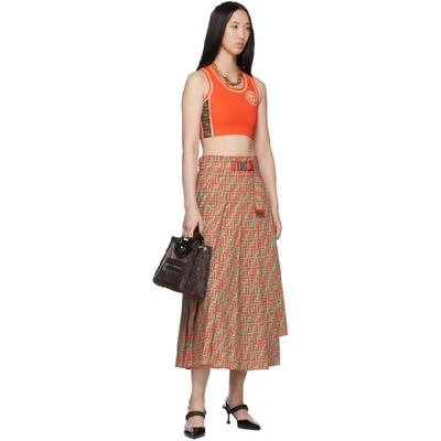 Shop Fendi Orange & Blue 'forever ' Cotton Pleated Skirt