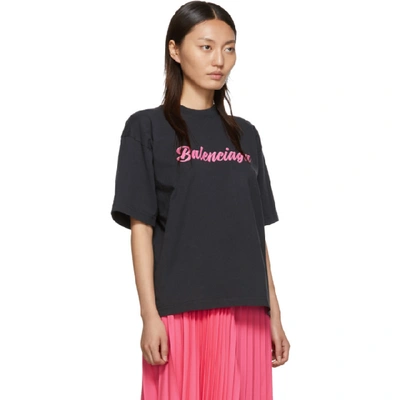 BALENCIAGA 黑色 AND 粉色 GLOSSY 背面拉褶 T 恤