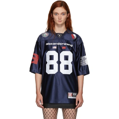 Shop Alexander Wang Navy High Shine Football Jersey T-shirt In 469 Navy