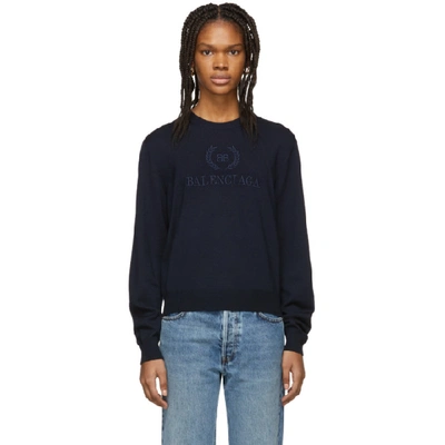 Shop Balenciaga Navy Logo Sweater In 4079 Ink/in