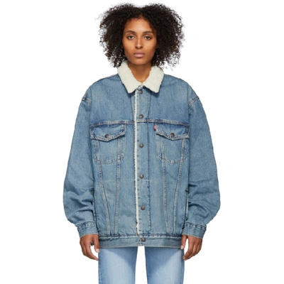 Shop Levi's Blue Denim Sherpa Big & Tall Type 3 Trucker Jacket In Specialsauc