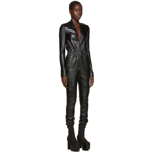 Rick Owens Leather Cargo Jogger Jumpsuit In 09 Black | ModeSens