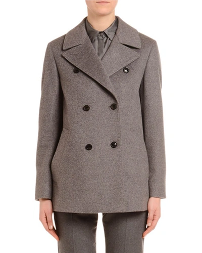 Shop Agnona Cashmere Flannel Double-breasted Pea Coat In Gray