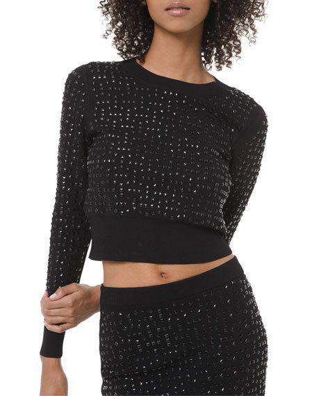 Michael Michael Kors Geo Pyramid Studded Long-sleeve Crop Sweater In ...