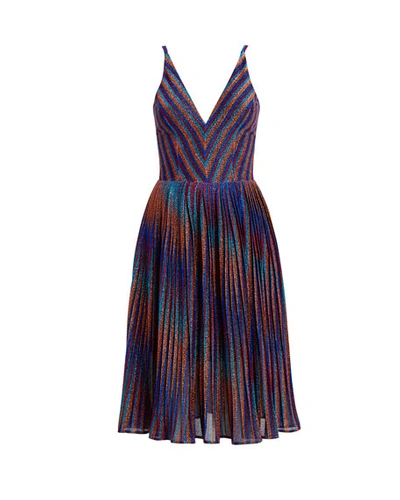 Shop Dress The Population Haley Metallic Striped V-neck Sleeveless Pleated Dress In Cobalt