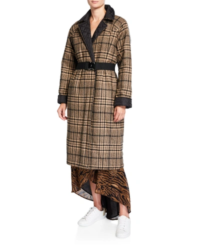 Shop Ganni Reversible Quilted Check Tech Wool Coat In Black