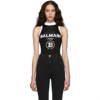 Shop Balmain Black Knit Logo Bodysuit In Eab Blk/wht