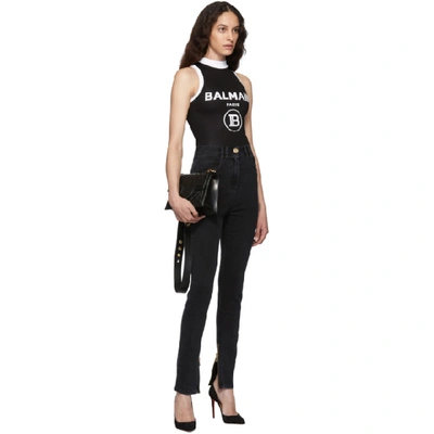 Shop Balmain Black Knit Logo Bodysuit In Eab Blk/wht