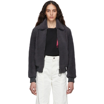 Shop Off-white Grey Shearling Bomber Jacket In Grey/beige