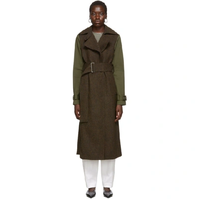 Shop Victoria Beckham Khaki & Brown Contrast Sleeve Fitted Coat