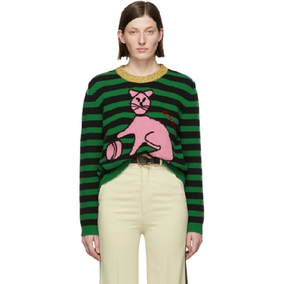 Shop Gucci Green Stripes Cat Sweater In 1108 Green