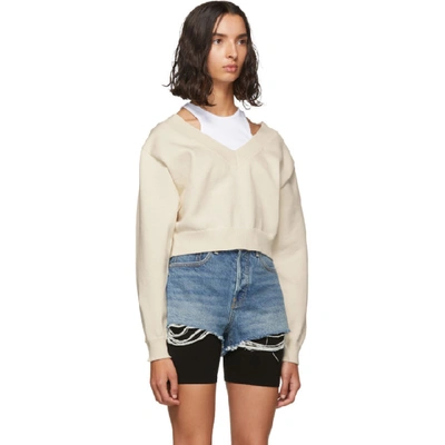 Shop Alexander Wang T Alexanderwang.t Off-white Cropped Bi-layer V-neck Sweater In 986 Crm/wht