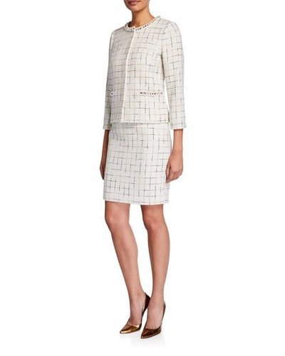 Shop Albert Nipon Two Piece Metallic Check Tweed Skirt Suit W/ Pearlescent Trim In Ivory