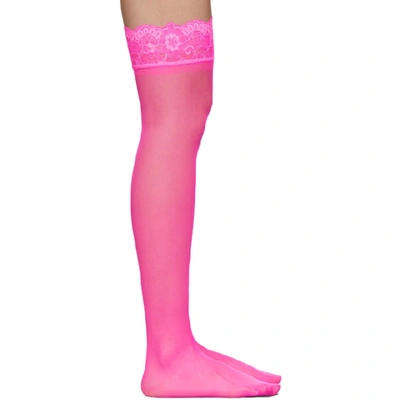 Shop Versace Underwear Pink Sheer Lace Stay-up Socks In A1710 Pink