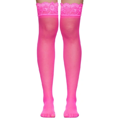 Shop Versace Underwear Pink Sheer Lace Stay-up Socks In A1710 Pink