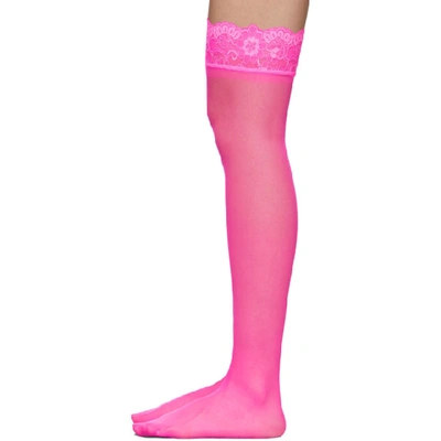 Shop Versace Underwear Pink Sheer Lace Stay-up Socks In A1710 Pink