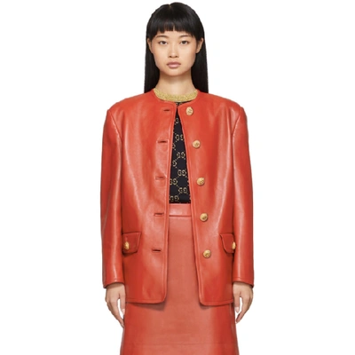 Shop Gucci Red Leather Jacket In 7095 Red