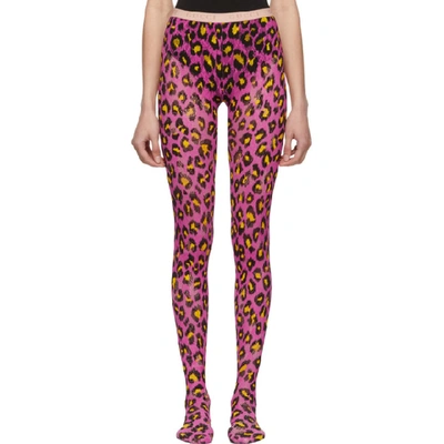 Shop Gucci Pink And Yellow Leopard Tights In 5675 Pink