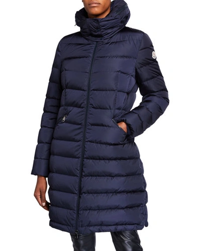 Shop Moncler Flammette High-neck Puffer Coat, Olive In Navy