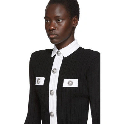 Shop Balmain Black & White Cropped Rib Knit Cardigan