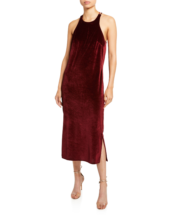Deveaux New York Velvet Draped Back Dress In Dark Red Modesens