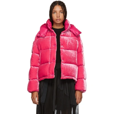 Shop Moncler Pink Velvet Caille Down Jacket