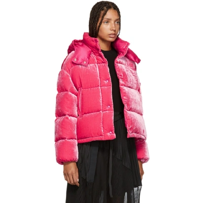 Shop Moncler Pink Velvet Caille Down Jacket